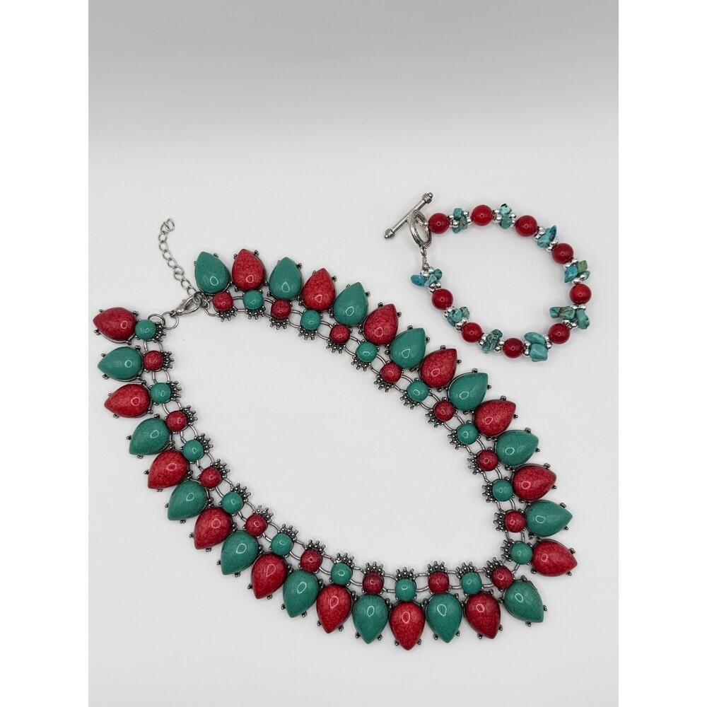 Southwest Statement Necklace Set | Turquoise Coral Style Bib Necklace + Bracelet - Picture 6 of 7